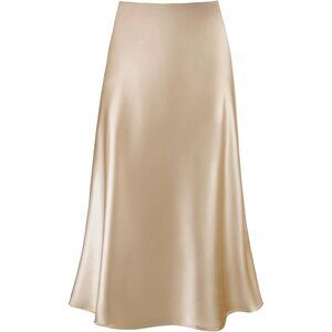 Women Champagne Satin Elastic High Waisted A Line Spring Summer Flowy Midi Skirt